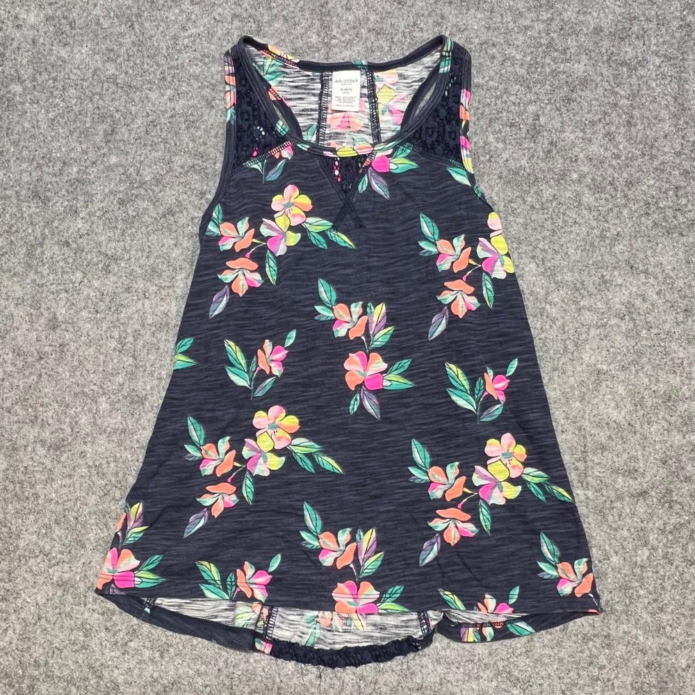Arizona Jean Co Girls Floral Racerback Tank Top Lace Back Navy Size M 10/12‎